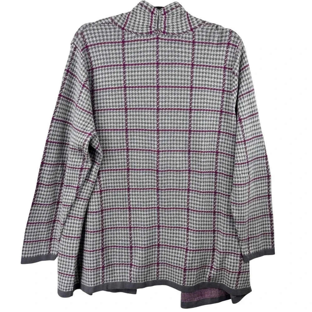 Lands End Cardigan Womens 1X Gray Purple Plaid Houndstooth Open Front Sweater